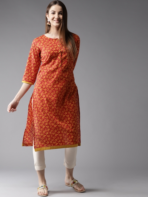 

HERE&NOW Women Red & Mustard Yellow Printed Straight Kurta