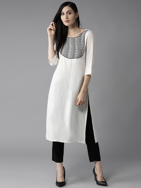 

HERE&NOW Women Off-White & Black Yoke Design Straight Kurta