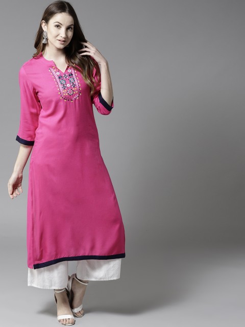 

HERE&NOW Women Pink Yoke Design Straight Kurta