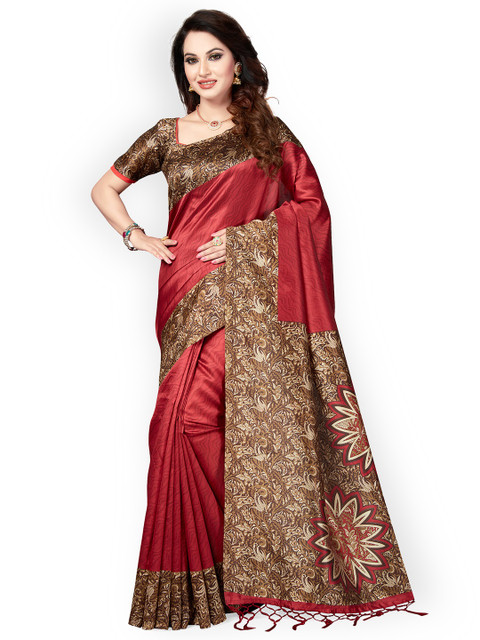 

Ishin Red Art Silk Printed Mysore Silk Saree