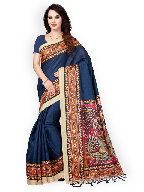 

Ishin Navy Blue Art Silk Printed Mysore Silk Saree