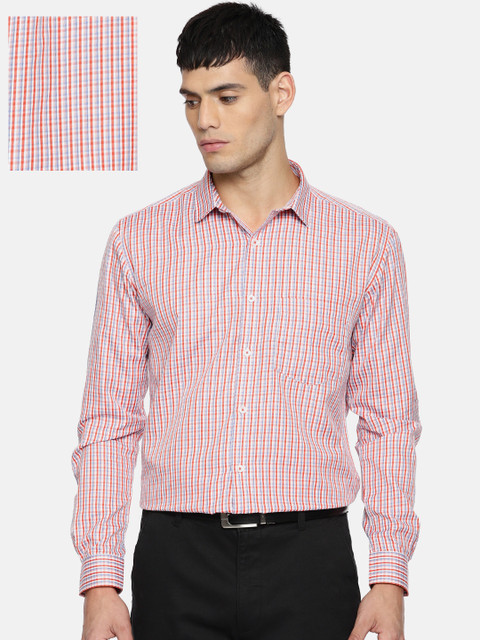 

Independence Men Orange & White Slim Fit Checked Formal Shirt