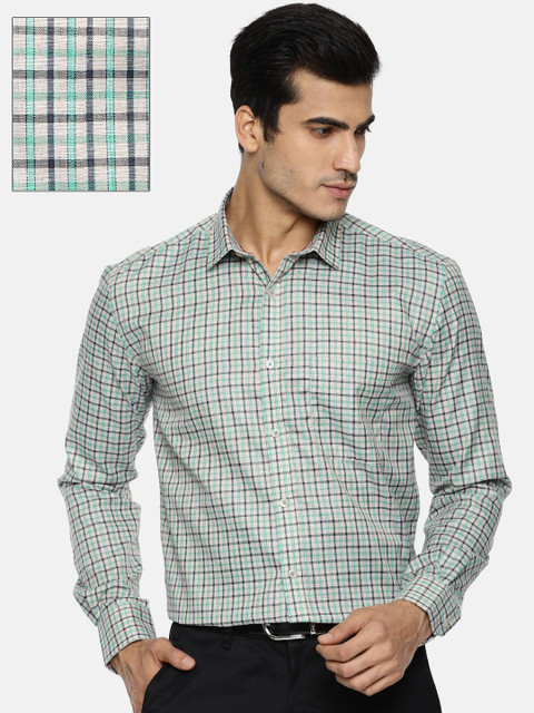 

Independence Men Beige & Green Slim Fit Checked Formal Shirt