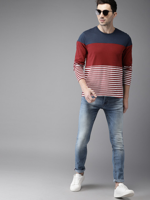 

HERE&NOW Men Red & White Round Neck Striped T-shirt