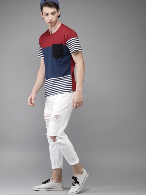 

HERE&NOW Men Maroon & Blue Colourblocked Round Neck T-shirt