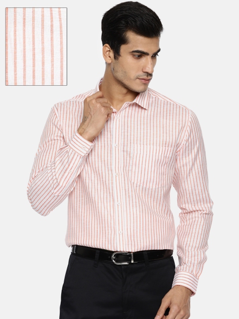 

Independence Men Off-White & Orange Slim Fit Striped Formal Shirt