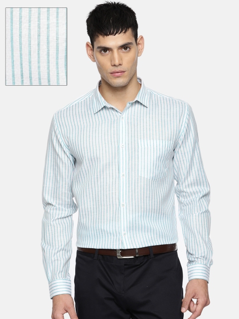

Independence Men White & Sea Green Slim Fit Striped Formal Shirt
