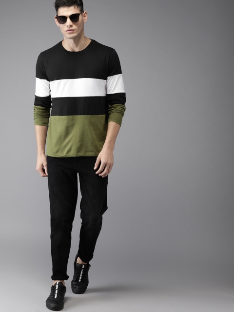 

HERE&NOW Men Olive Green & Black Colourblocked Round Neck T-shirt