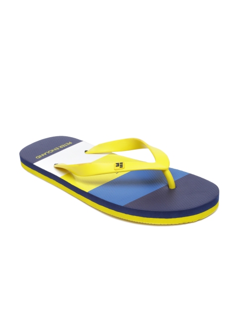 

Peter England Men Navy Blue & Yellow Colourblocked Thong Flip-Flops