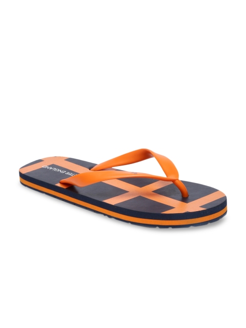 

Peter England Men Navy Blue & Orange Printed Thong Flip-Flops