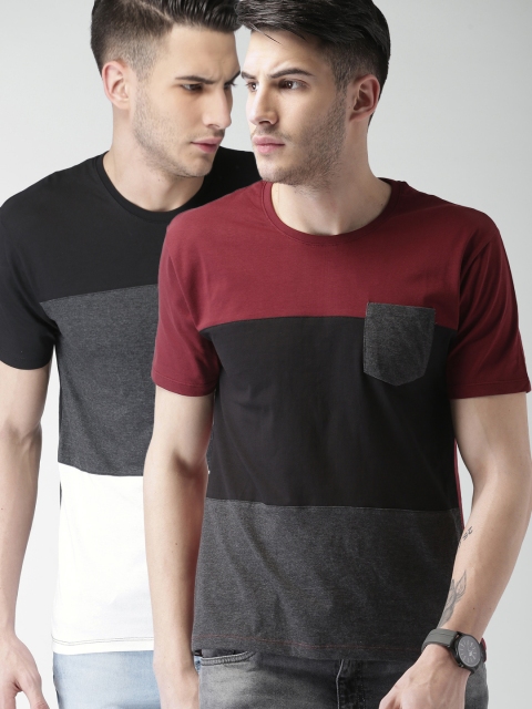 

HIGHLANDER Men Pack Of 2 Colourblocked Pure Cotton T-shirts, Black