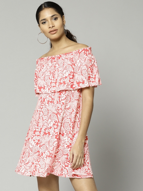 

Marks & Spencer Women Coral Red & White Printed Fit and Flare Dress