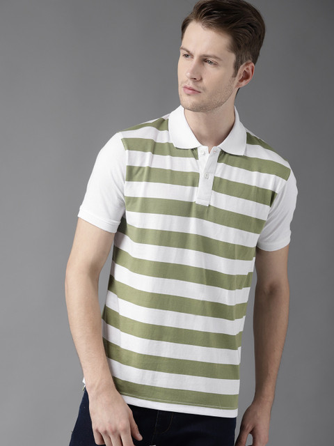 

Moda Rapido Men White & Olive Green Striped Polo Collar T-shirt