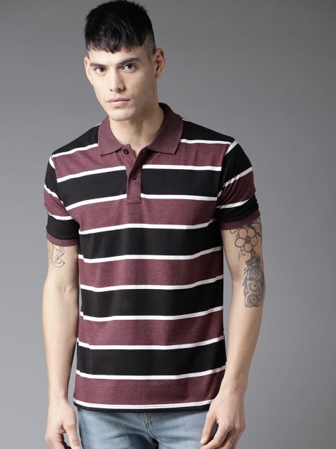 

Moda Rapido Men Burgundy & Black Striped Polo Collar T-shirt