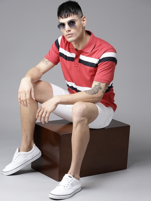 

Moda Rapido Men Coral Pink & White Striped Polo Collar T-shirt