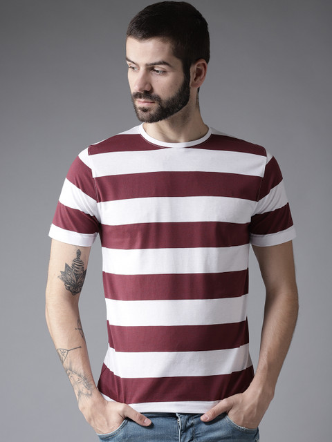 

Moda Rapido Men Burgundy & White Striped Round Neck T-shirt