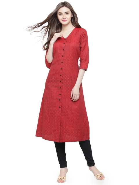 

Jompers Women Red Woven Design A-Line Kurta