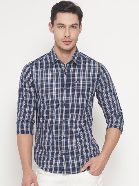 

The Indian Garage Co Men Navy Blue & Beige Slim Fit Checked Casual Shirt