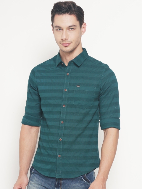 

The Indian Garage Co Men Teal Green Classic Slim Fit Striped Casual Shirt
