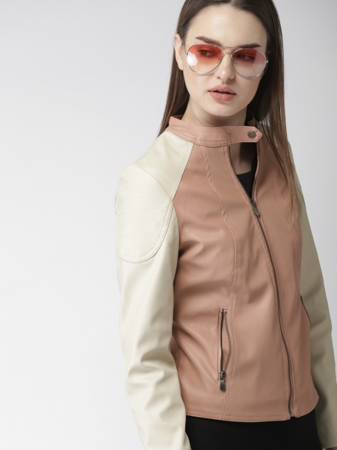 

Harvard Women Pink & Off-White Solid Biker Jacket