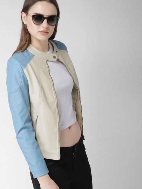 

Harvard Women White Solid Biker Jacket