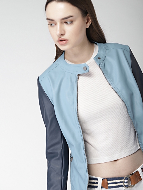 

Harvard Women Blue Solid Biker Jacket