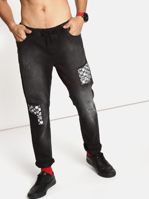 

Kook N Keech Marvel Men Black Jogger Mid-Rise Low Distress Printed Stretchable Jeans