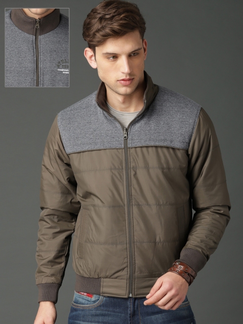 

Roadster Men Olive Green & Grey Solid Reversible Padded Jacket