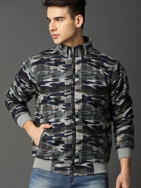 

Roadster Men Grey & Navy Blue Camouflage Print Bomber Jacket