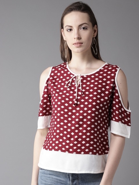 

HERE&NOW Women Burgundy & White Printed Regular Top