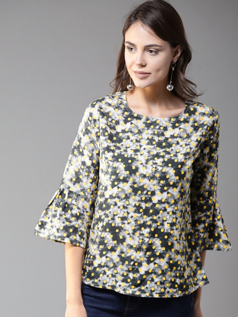 

HERE&NOW Women Charcoal Grey & Off-White Dyed Top