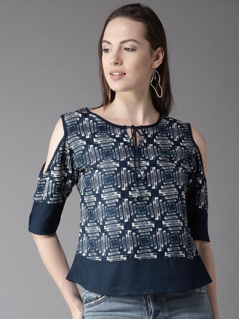 

HERE&NOW Women Navy Blue & Off-White Printed Regular Top