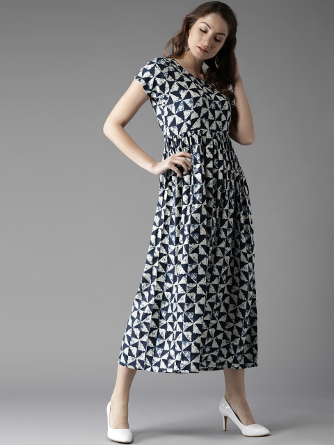 

HERE&NOW Women Navy Blue & Off-White Printed A-Line Dress
