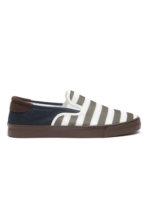 

United Colors of Benetton Men Olive Green & Off-White Striped Slip-On Sneakers