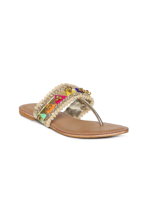 

Inc 5 Women Gold-Toned Woven Design Synthetic T-Strap Flats