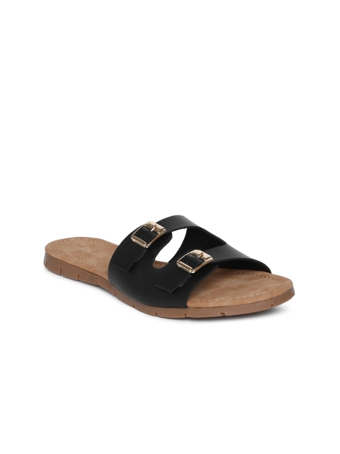 

Inc 5 Women Black Solid Synthetic Patent Open Toe Flats