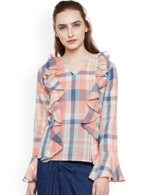 

AMIYRA Women Peach-Coloured Checked Top