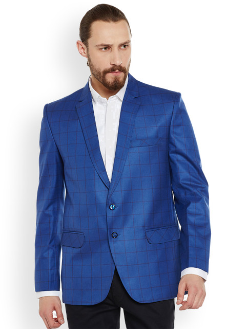 

Routeen Blue Checked Men Blazer Single-Breasted Blazer