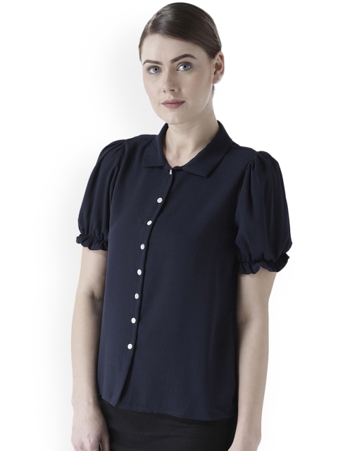 

109F Women Navy Blue Solid Shirt Style Top