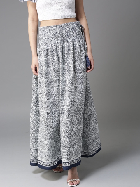 

HERE&NOW Women Off-White & Blue Printed Maxi Flared Skirt