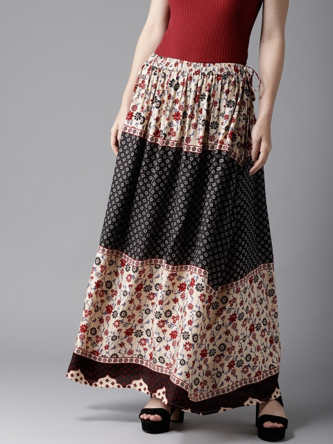 

HERE&NOW Women Black & Beige Printed Maxi Flared Skirt