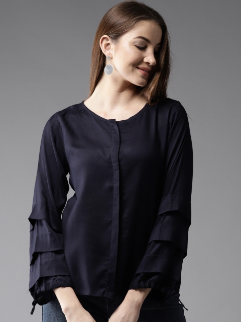 

HERE&NOW Women Navy Blue Solid Shirt Style Top