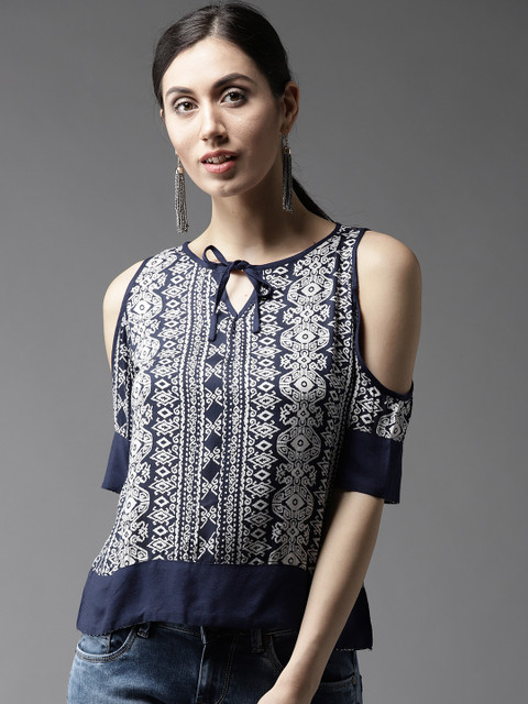 

HERE&NOW Women Navy Blue & Off-White Printed Top