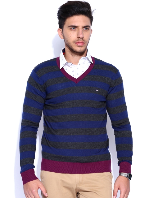 

Arrow Sport Charcoal Grey Melange & Navy Striped Woollen Sweater