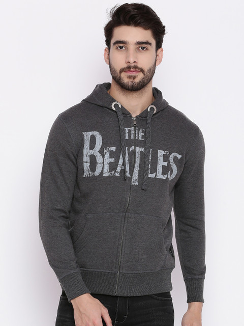 

Beatles Men Charcoal Grey The Beatles Print Hooded Sweatshirt