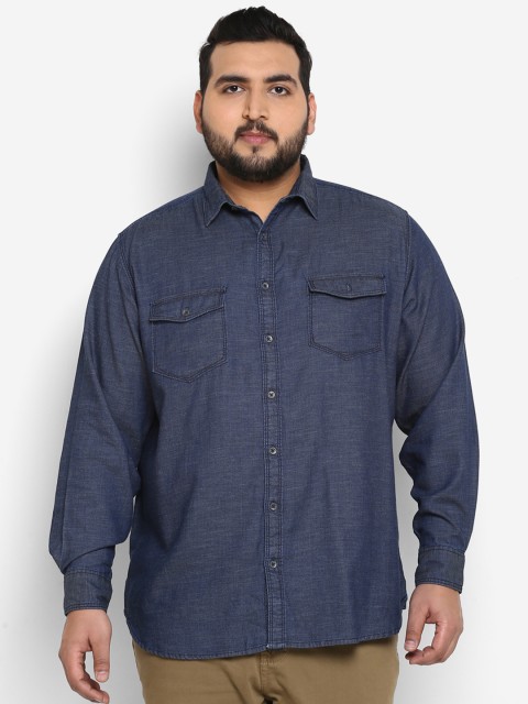 

aLL Plus Size Men Blue Regular Fit Solid Chambray Casual Shirt