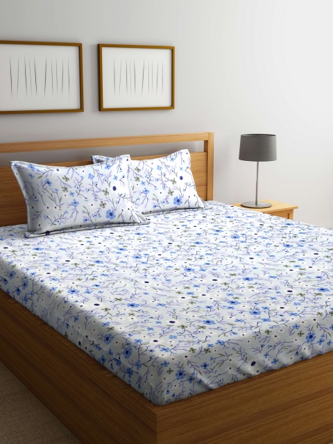 

BOMBAY DYEING White & Blue Floral Flat 104 TC Cotton 1 King Bedsheet with 2 Pillow Covers