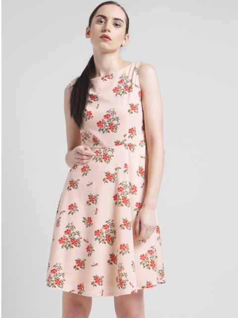 

Zink London Women Peach-Coloured Printed Fit and Flare Dress