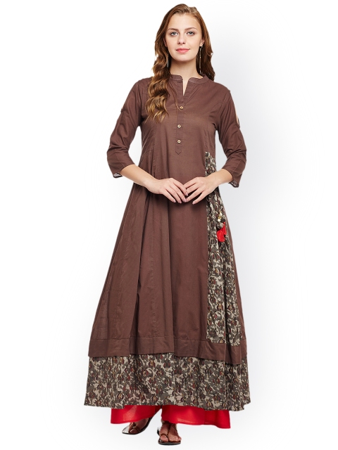 

ANAISA Women Brown & Beige Printed Cold Shoulder Anarkali Kurta