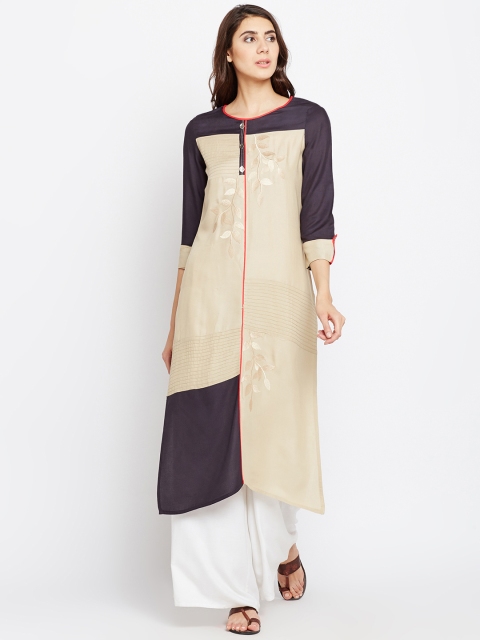 

ANAISA Women Beige & Navy Blue Embroidered Straight Kurta
